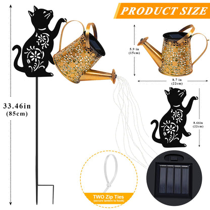 ostritec Solar Lights Outdoor Decorative, Watering Can with Cascading Lights, with Cat Silhouette Garden Stakes, Waterproof Metal Garden Decor for Yard Art, Outside, Patio, Lawn Ornaments