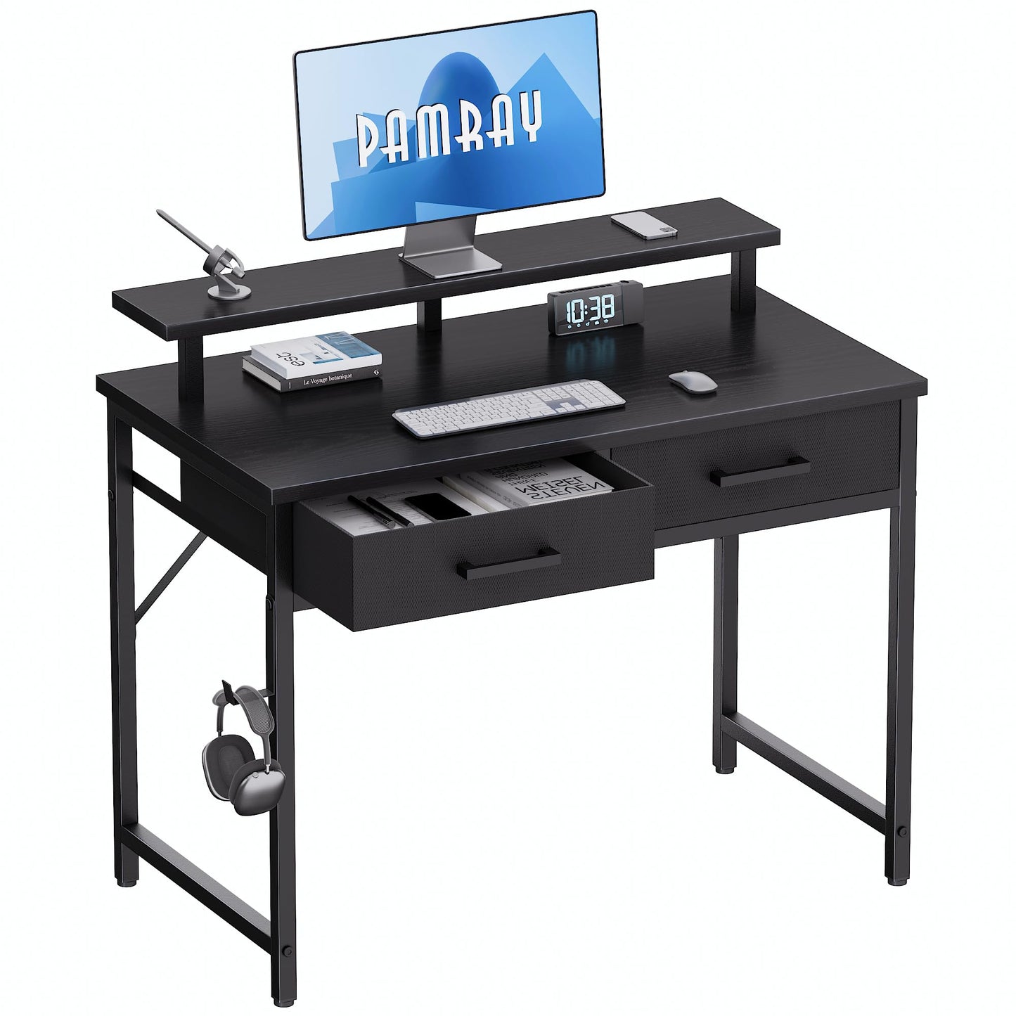 Pamray 32 Inch Small Computer Desk with Monitor Stand Home Office Desks with 2 Drawers for Bedroom Study Writing and Work Table for Small Spaces Black