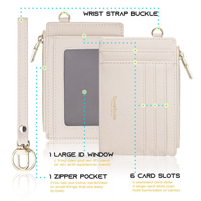 Women Slim Rfid Blocking Credit Card Case Holder Wristlet Zip ID Case Wallet Small Compact Leather Wallet Coin Purse with Keychain (Beige)