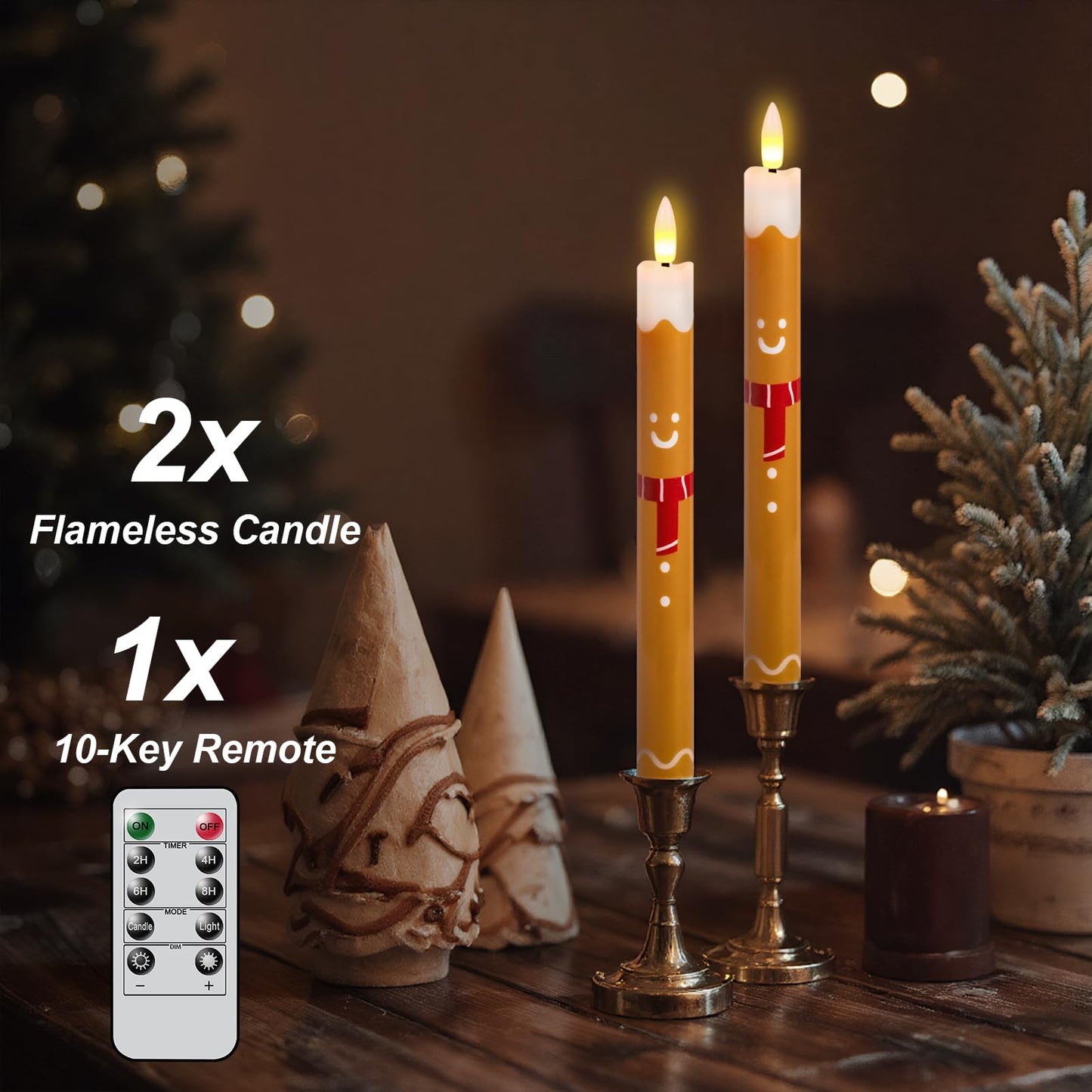 Lasumora Gingerbread Man LED Flameless Taper Candles, 2 Pack with 6H Timer, 3D Flickering Flame, Plastic, Brown