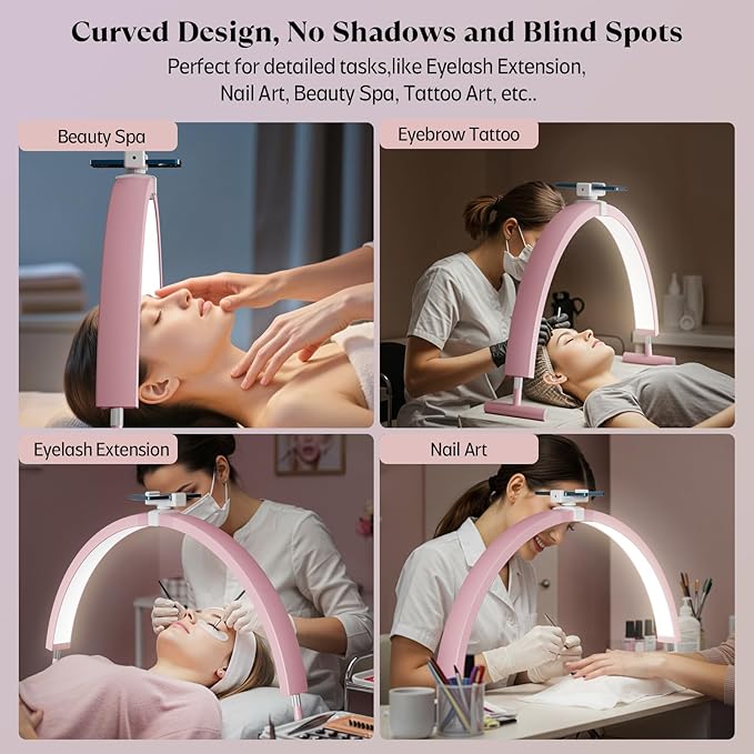 Nail Light for Desk, 30'' LED Half Moon Lamp for Nail Techs, Manicure and Handicraft, Adjustable Color Modes and Brightness, with Phone Holder (Pink)