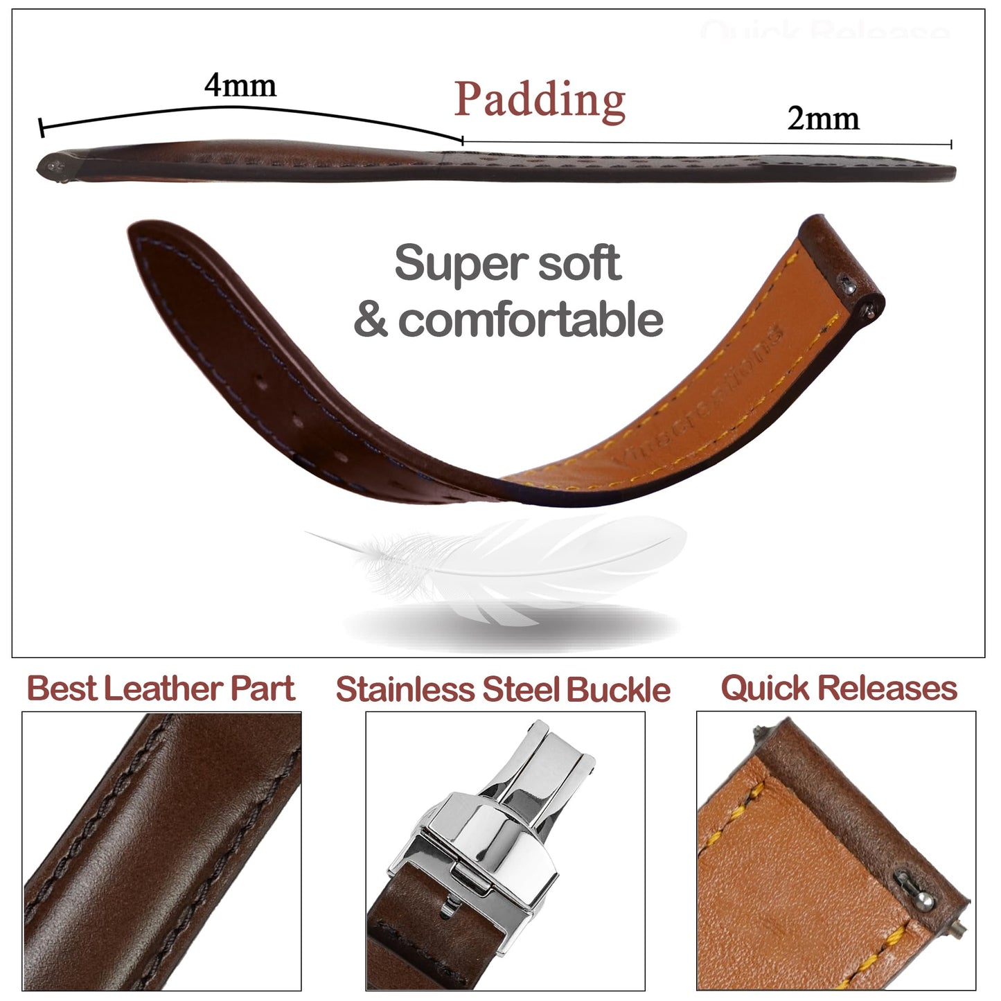 20mm Dark Brown Leather Watch Band Deployment Clasp Quick Release Handmade Leather Strap Butterfly Buckle Replacement Wristband for Men, Christmas Fathers Day Gift for Dad Son Husband DH-203D-S-20MM