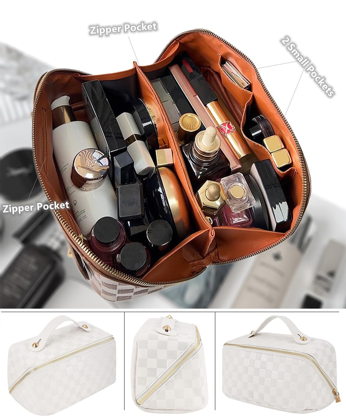 Checkered Travel Makeup Bags Cosmetic Organizer Bag: 2-Set Large Capacity Waterproof Makeup Bag - PU Leather Toiletry Bag for Women - Wide Open Portable Pouch with Handle and Divider (WHITE)
