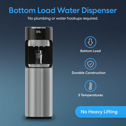 Brio Bottom Loading Water Cooler Dispenser for 5 Gallon Bottles - 3 Temperatures with Hot, Room & Cold Spouts, Child Safety Lock, LED Display with Empty Bottle Alert, Stainless Steel