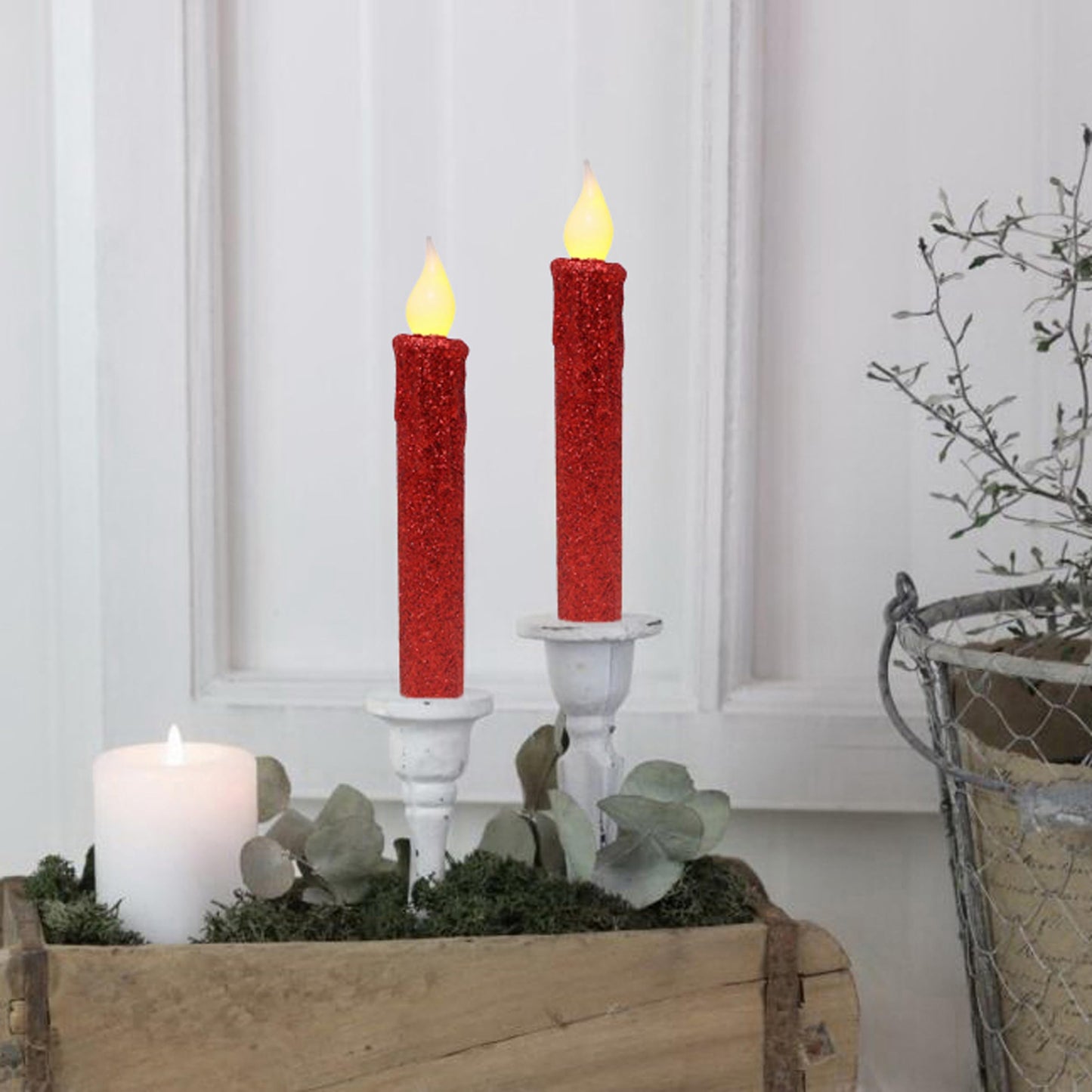 CVHOMEDECO. Glitter Flameless Candles Flickering Battery Operated LED Taper Candles with Timer for Home, Wedding, Halloween, Christmas Decor. Red, 6-3/4 Inch, Set of 2