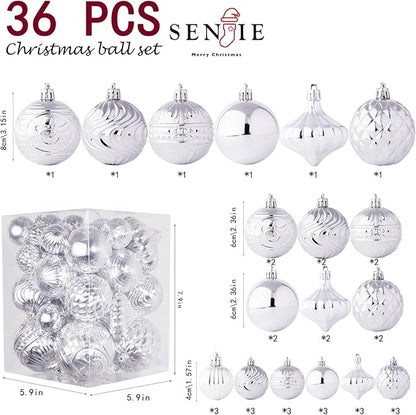 Christmas Ornaments Set with 36pcs Shatterproof Christmas Tree Decorations Multi-Size Christmas Ball Ornaments with 7 Styles Silver