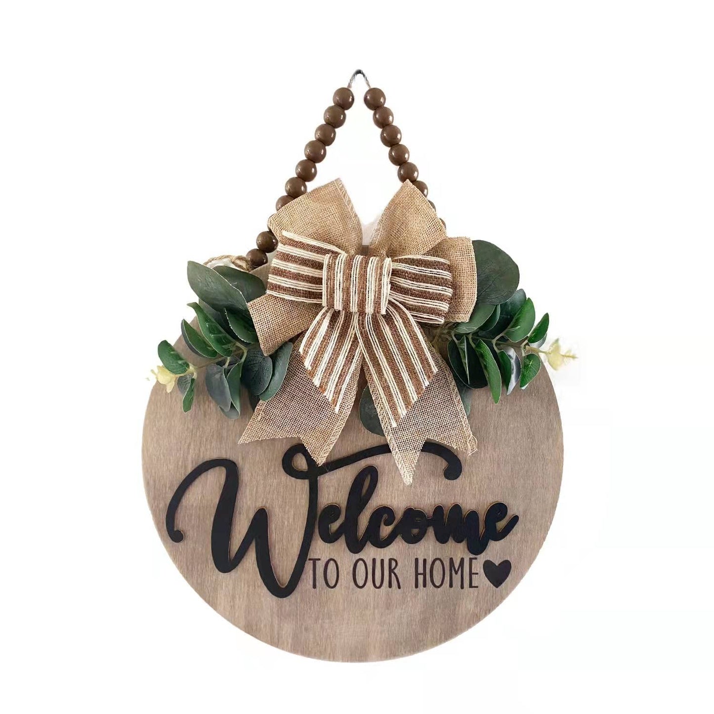 Condorpasea 3D Welcome Sign for Front Door | Home/Farmhouse Porch Décor Wooden Hanging Sign with Artificial Leaves and Rustic Beads | Christmas Classroom |12" Round