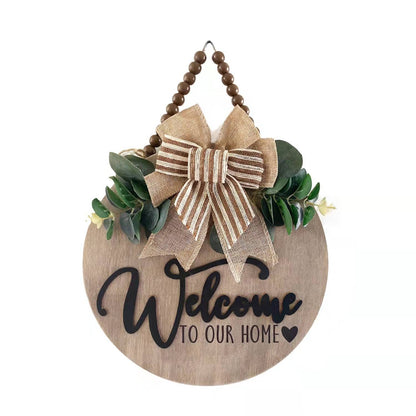 Condorpasea 3D Welcome Sign for Front Door | Home/Farmhouse Porch Décor Wooden Hanging Sign with Artificial Leaves and Rustic Beads | Christmas Classroom |12" Round
