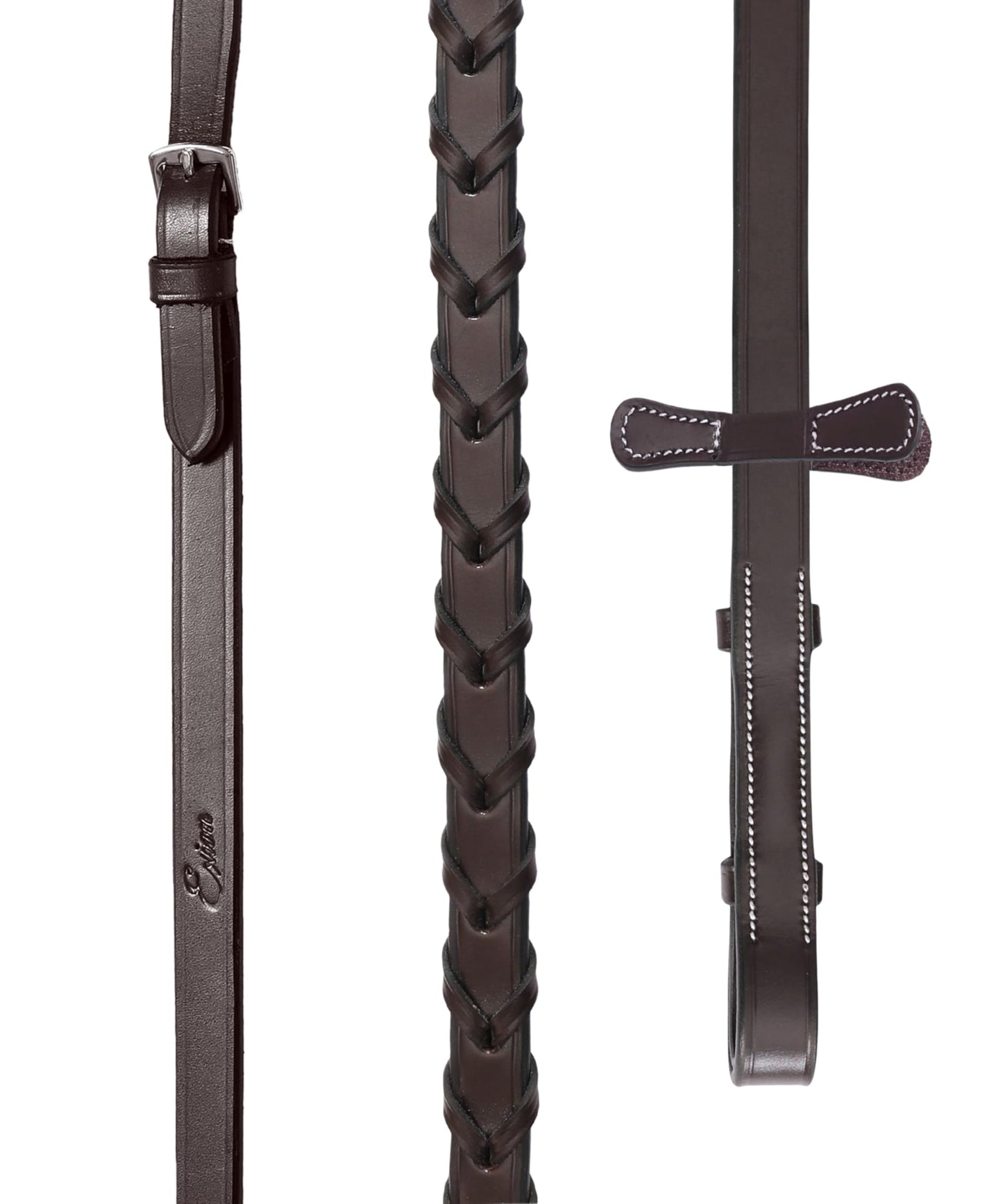 Exion English Hunter Bridle with Designer Stitched Browband & Hunter Noseband – Anatomical Mono Crownpiece, Padded Noseband, Rubber Reins – Horse, Cob, Pony, Oversize – Black, Havana, Oak Brown