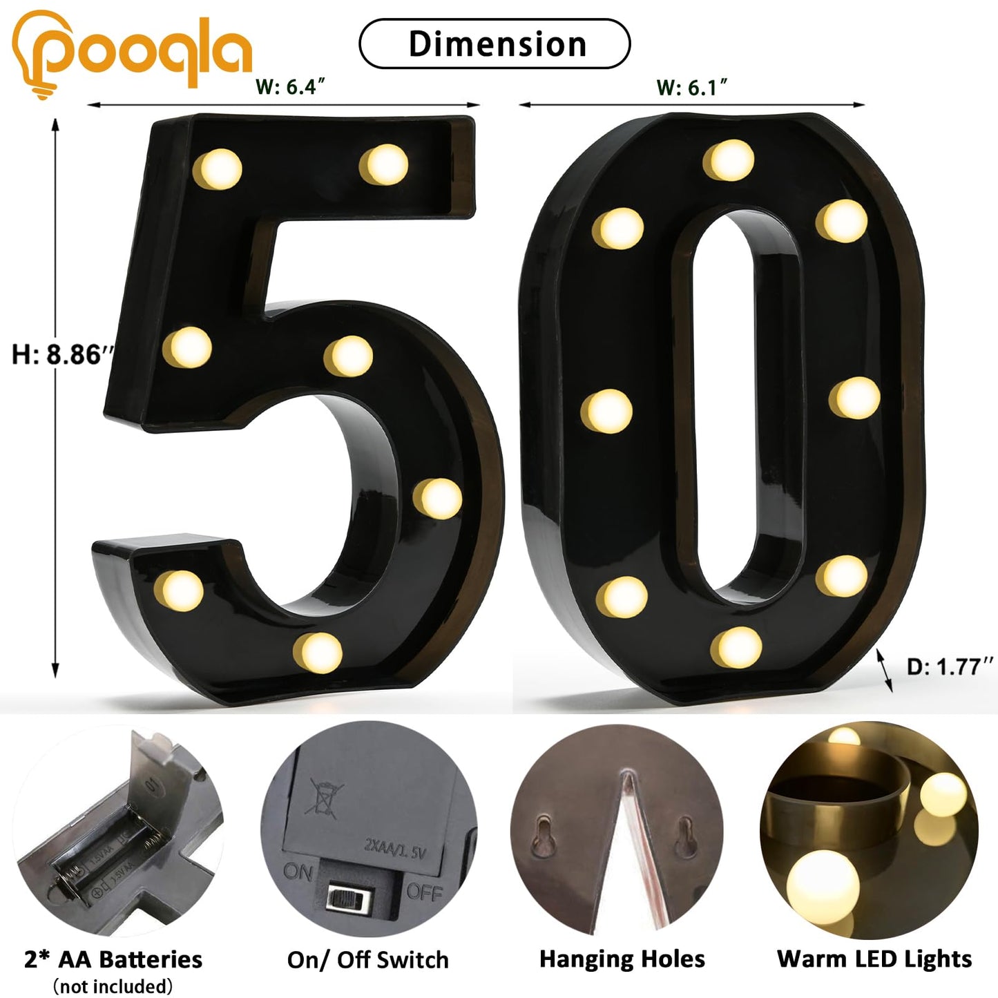 Pooqla Decorative Led Light Up Number Letters, Black Plastic Marquee Number Lights Sign for 50th Birthday Party Wedding Decor Battery Operated Black Decoration 50