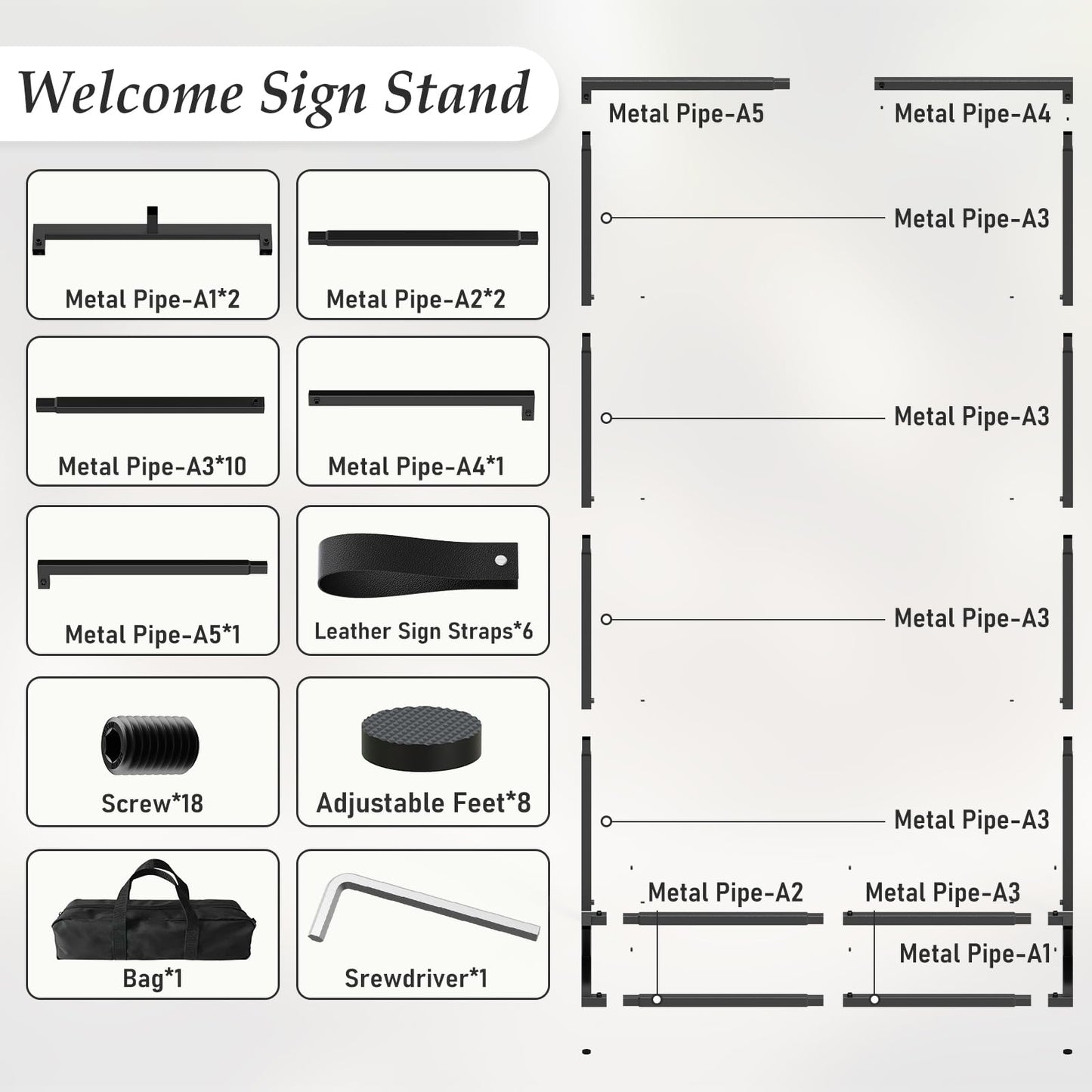 HzTinT Wedding Sign Stand, Adjustable Wedding Welcome Sign Stand with Carry Bag, Leather Hanging Straps, 8 Floor Pads - Black Easel Stand for Seating Charts & Wedding Decor