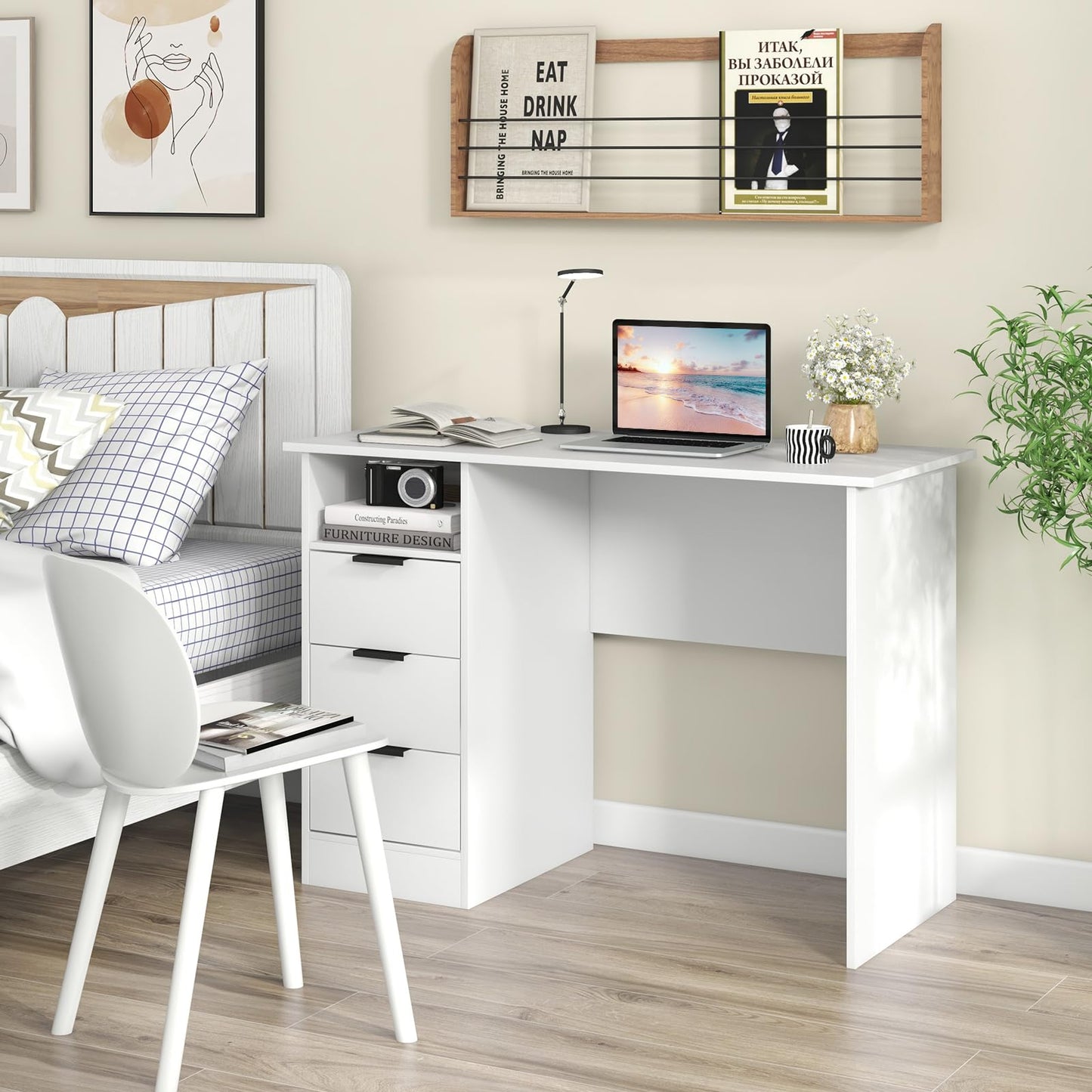 Tangkula White Desk with 3 Drawers & Charge Station, Home Office Desk with Open Shelf, Study Writing Desk, PC Desk Computer Workstation, Modern Computer Desk for Bedroom, Study