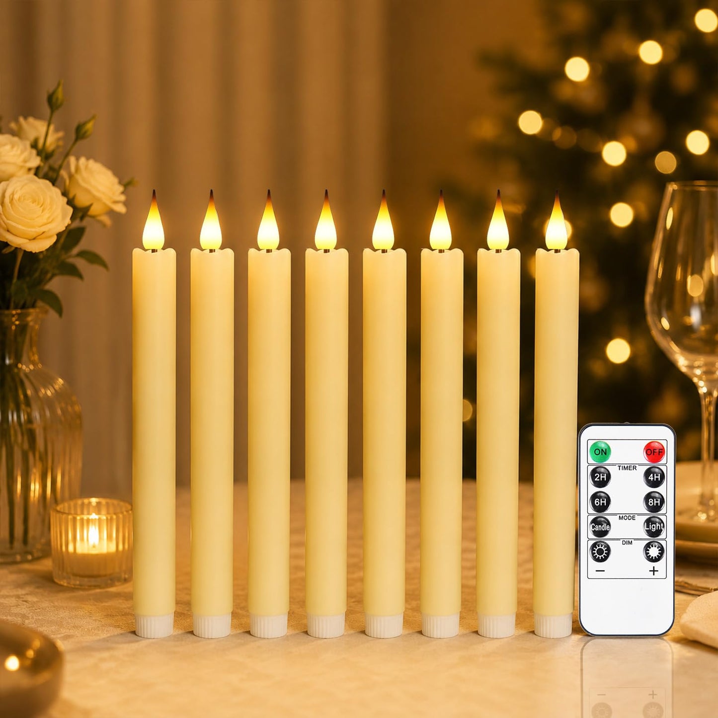 Flameless Taper Candles, Led Taper Candles Battery Operated 8 Pcs Real Wax, Led Candlesticks with 10-Key Remote & Timer, 3D Flickering Flame Dripless for Christmas Halloween Wedding Home Decor