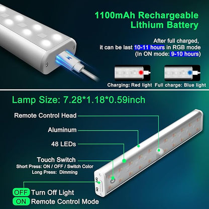 Under Cabinet Lighting Wireless Rechargeable Battery Operated LED Closet Lights Dimmable Under Counter Lights Bar with Remote, RGB Changing Perfect for Kitchen Bedroom Stairs, 4 Packs