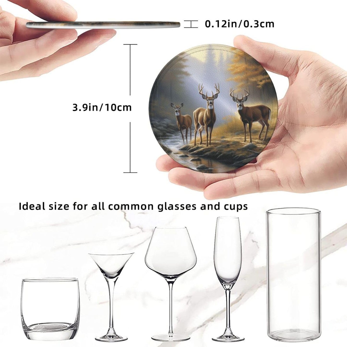 Animal World Wildlife River Edge Deers Drinks Coasters With Holder, Suitable For Kinds Of Cups, Set Of 6