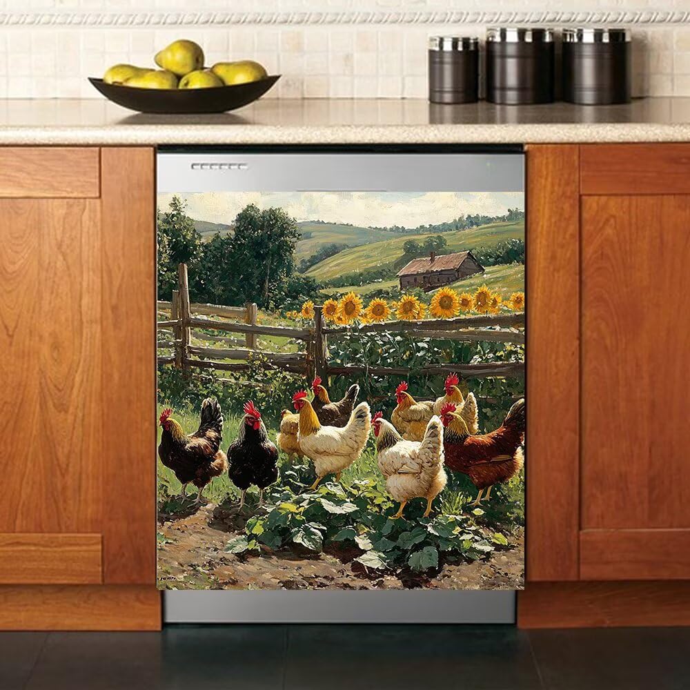 Country Chicken Dishwasher Magnet Cover, Farm Rooster Dishwasher Covers for Front, Magnetic Dishwasher Decal, Kitchen Decorative Fridge Appliances Sticker, 23"x 26"