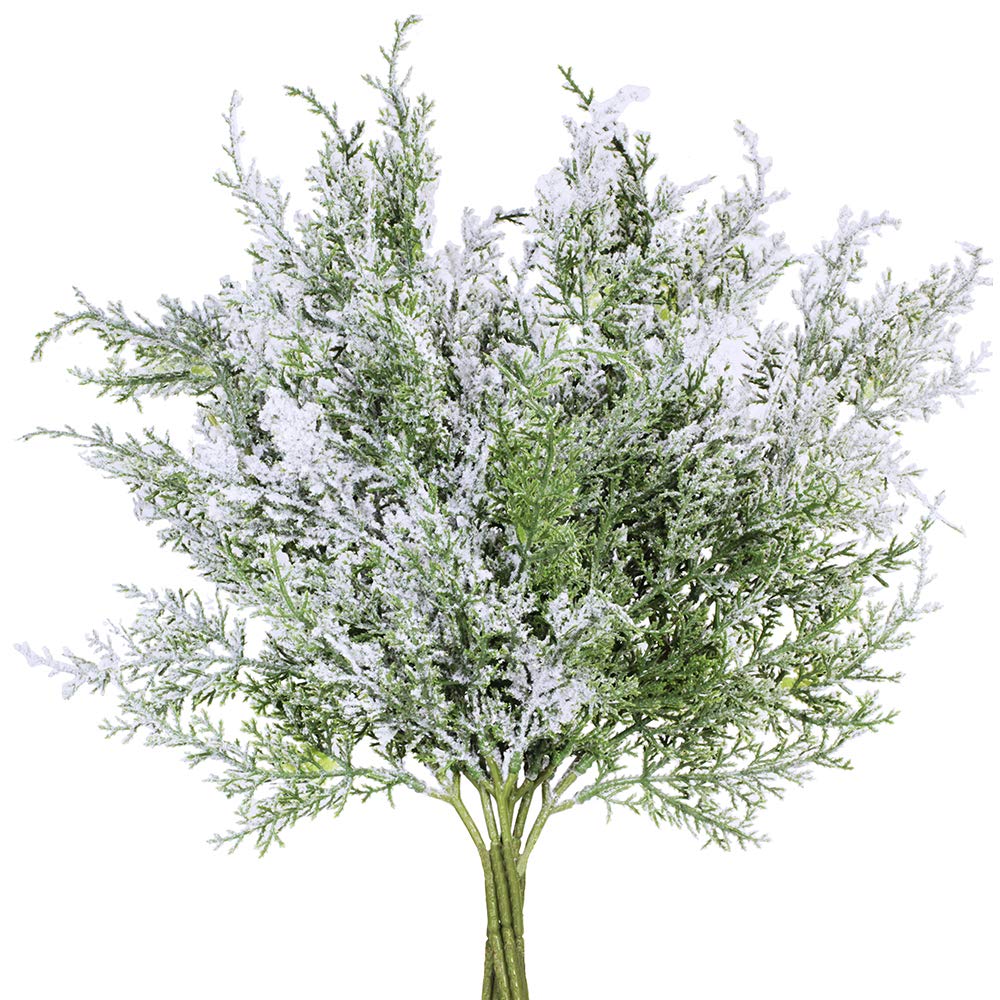 6 Pack Snowy Artificial Cedar Picks Stems Frosted Faux Cedar Spray Christmas Cedar Greenery Branches for Holiday Season Floral Arrangement Centerpiece Winter Wedding Decorations 20" Tall