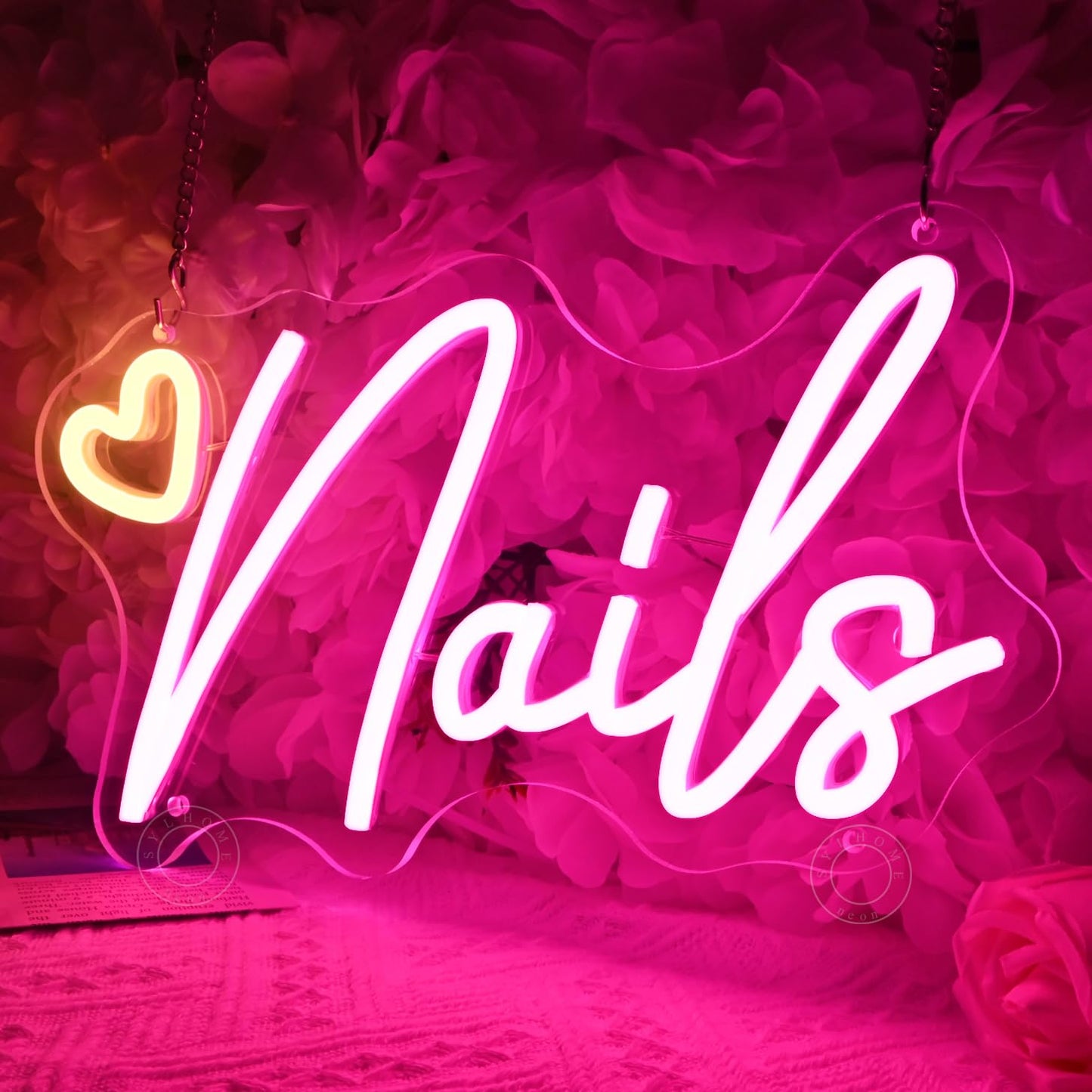 SYLHOME Led Neon Light Sign Nails With Heart Nail Studio Beauty Salon Business Makep Room Wall Sign Decor Birthday Party Backdrop 11.81" X 6.7" USB
