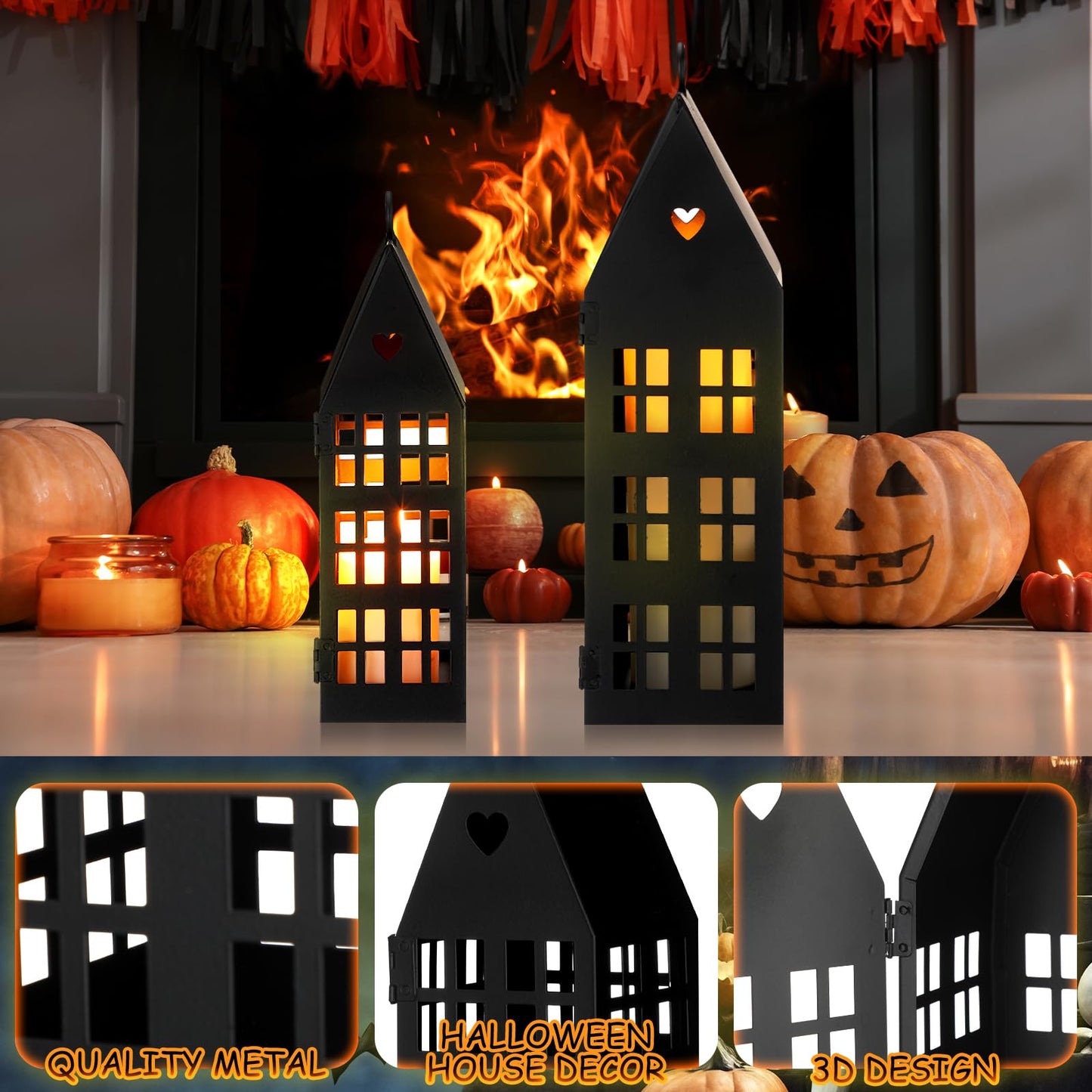 SiliFine 2 Set Christmas Black Houses Decor with 2 Pcs Candles Village Metal Modern Farmhouse Lantern Decorative for Christmas, Home, Tabletop, Fireplace Shelf Decor