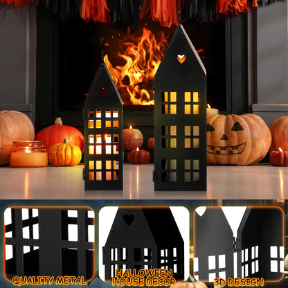 SiliFine 2 Set Christmas Black Houses Decor with 2 Pcs Candles Village Metal Modern Farmhouse Lantern Decorative for Christmas, Home, Tabletop, Fireplace Shelf Decor