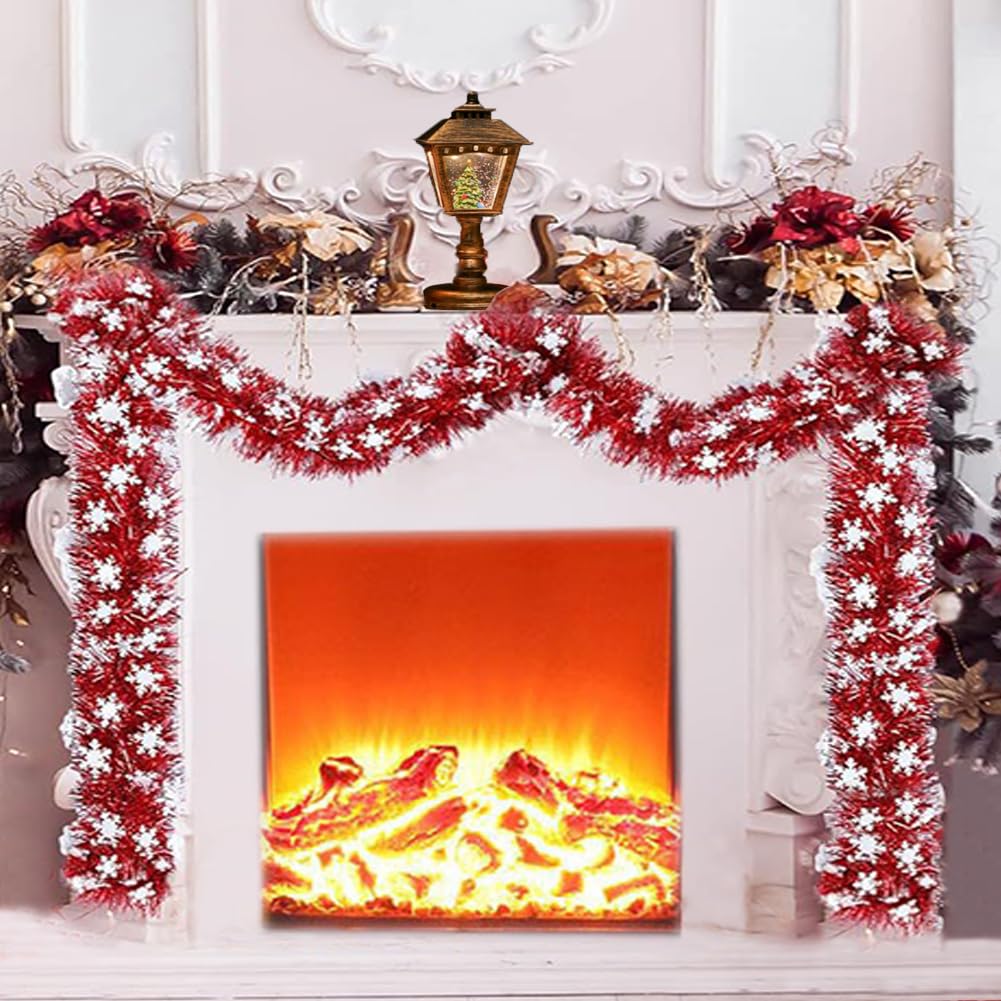 66Ft Christmas Red Tinsel Garland Xmas Tree Decorations Shiny Thick Red with Snowflake Metallic Twist Garland Ceiling Hanging Decor for New Year Party Holiday Indoor Outdoor Supplies