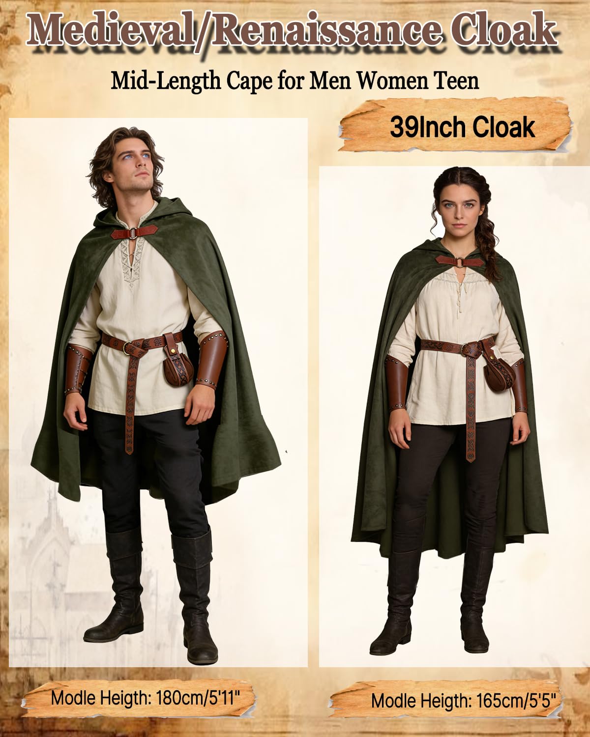 kasahara Renaissance Hooded Cloak Medieval Costume Accessories for Men Women Halloween Costume Cape Belt Pouch Bracers