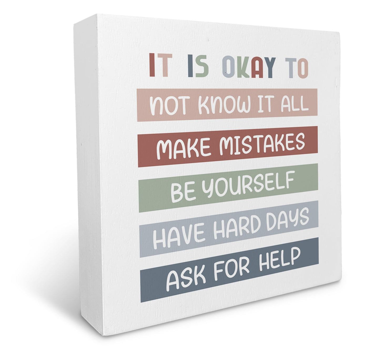 KU-DaYi It is Okay to Mental Health Wooden Box Sign, Teacher Desk Decor, Inspirational Boho Office Classroom School Therapy Reading Corner Wall Shelf Table Wooden Block Plaque Desk Decor 5x5 Inch