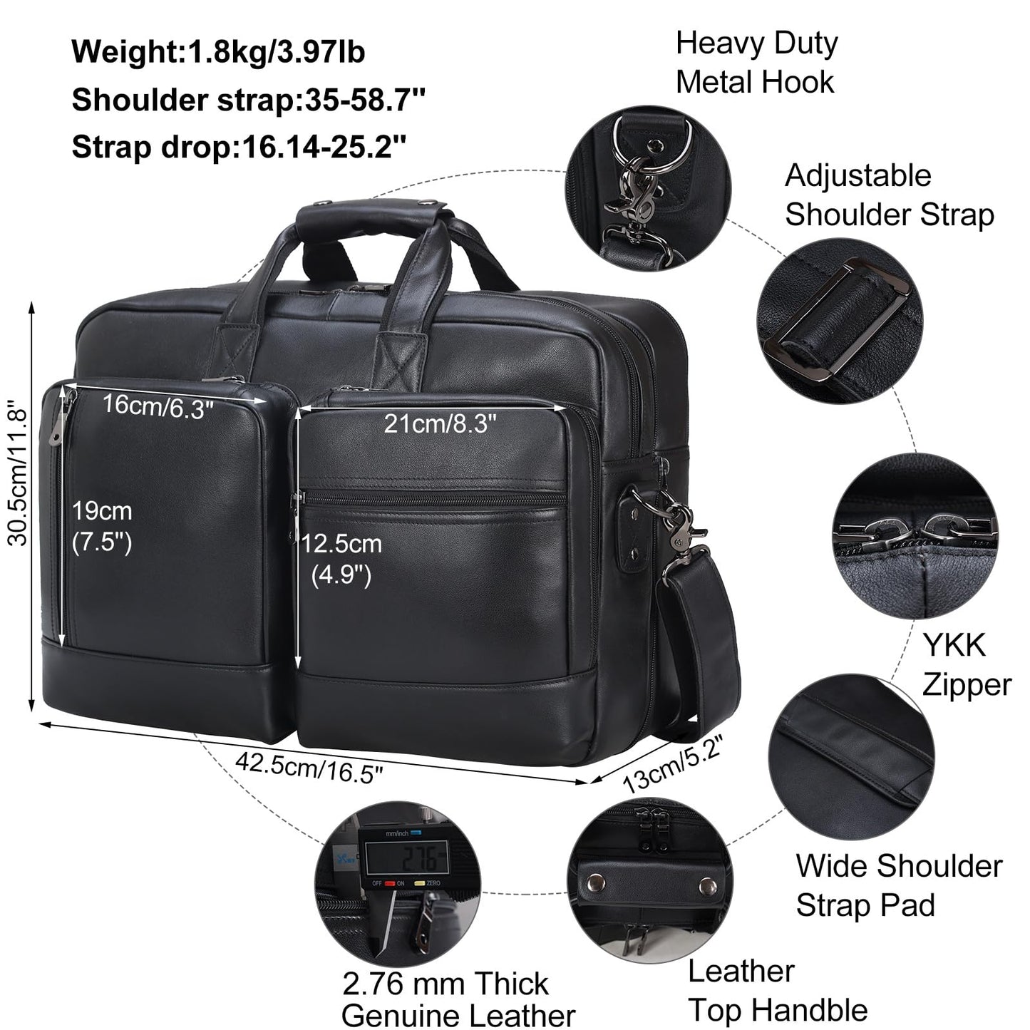 Masa Kawa Black Leather Briefcase Messenger Bag Men Expandable 17 Inch Laptop Business Travel Duffel Crossbody Shoulder Weekender Overnight Bags,Large