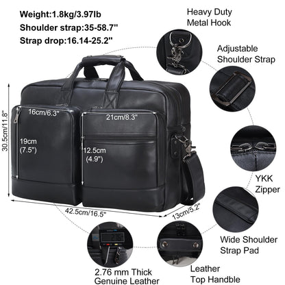 Masa Kawa Black Leather Briefcase Messenger Bag Men Expandable 17 Inch Laptop Business Travel Duffel Crossbody Shoulder Weekender Overnight Bags,Large