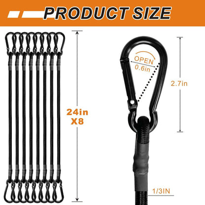 BEXSLE 8 Pcs 24in Bungee Cords with Carabiner Hooks Heavy Duty, Outdoor Black Bungee Straps, Strong Industrial Grade Elastic Bungee Rope for Securing Tarps, Luggage, Tents，Bikes or Garden Tidying