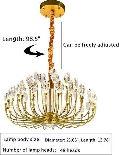 Modern Crystal Chandelier 48 Lights Luxury Gold Round Led Chandelier Dimmable Flush Mount Crystal Ceiling Light for Dining Room Living Room Entryway Foyer D23.63''
