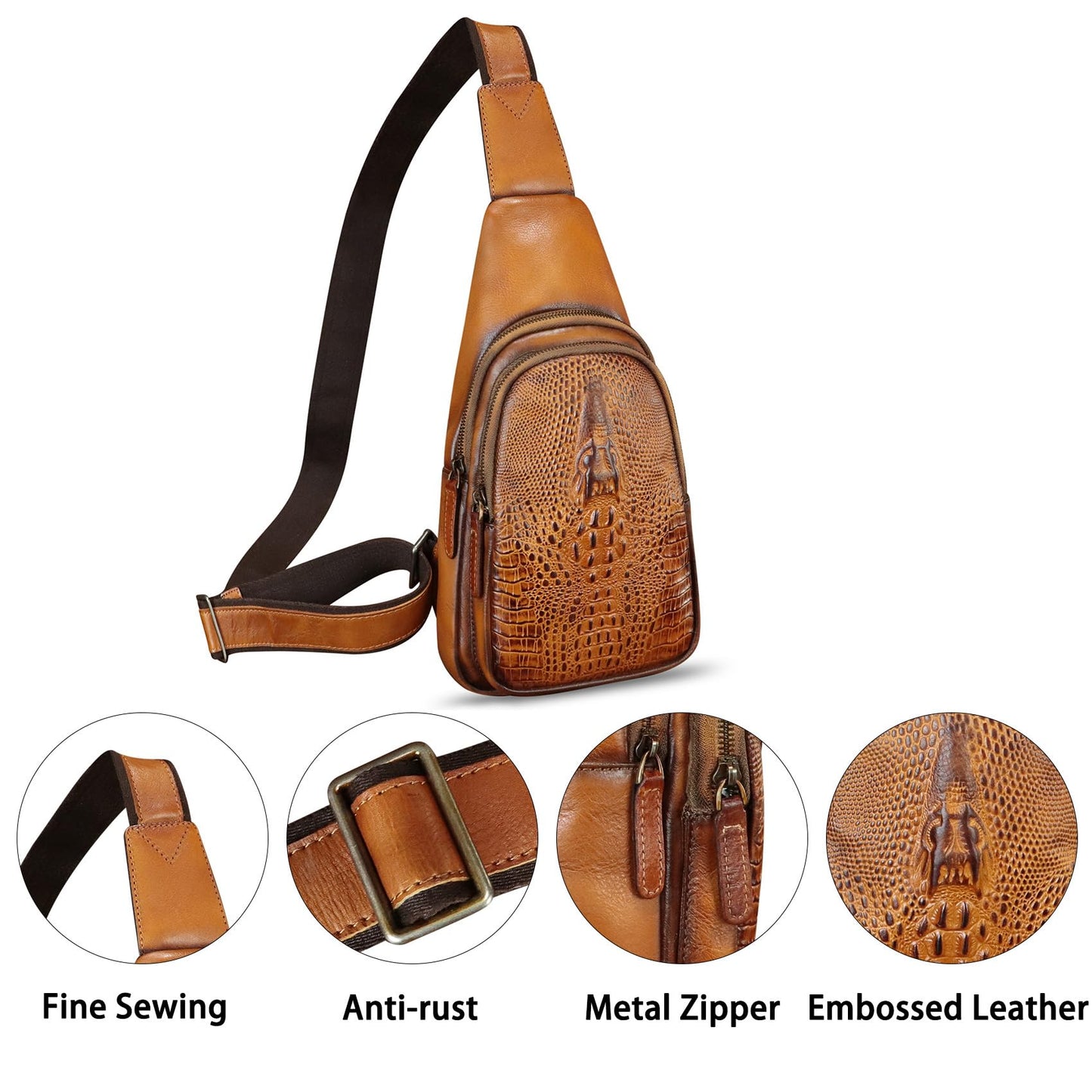 FEIGITOR Genuine Leather Sling Bag Retro Crossbody Sling Backpack Handmade Chest Purse Daypack Cycling Fanny Packs (Brown)