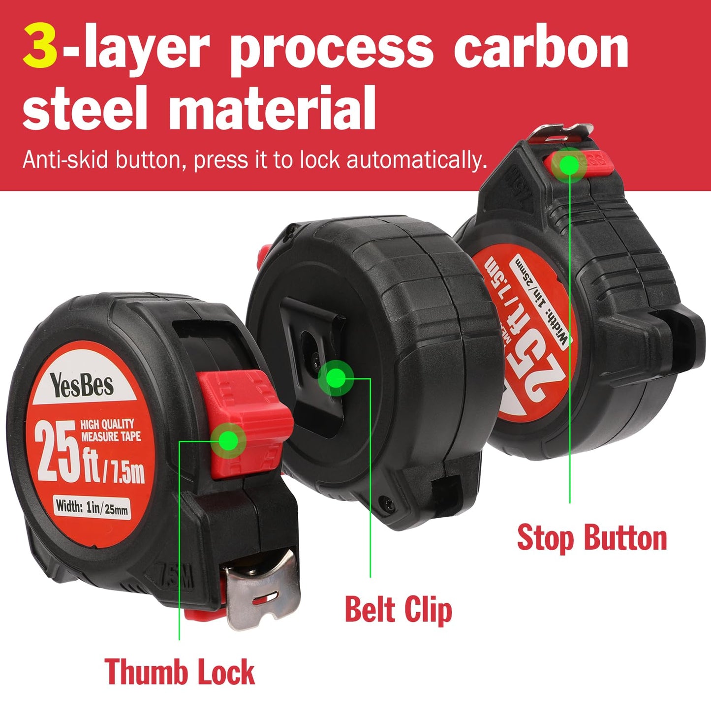 Tape Measure 25 ft, 5 Pack Bulk Easy Read Measurement Tape, Self-Locking Measuring Tape Retractable 1-Inch Wide x 25 ft