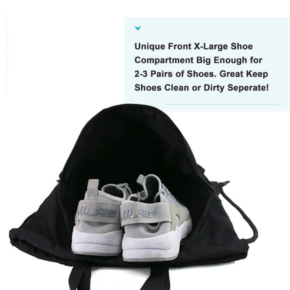 BeeGreen Drawstring Backpack Bag with Shoe Compartment, X-Large Black Gym Sports String Cinch Backpack, Athletic Sackpack with Front Inside Zipper Pockets