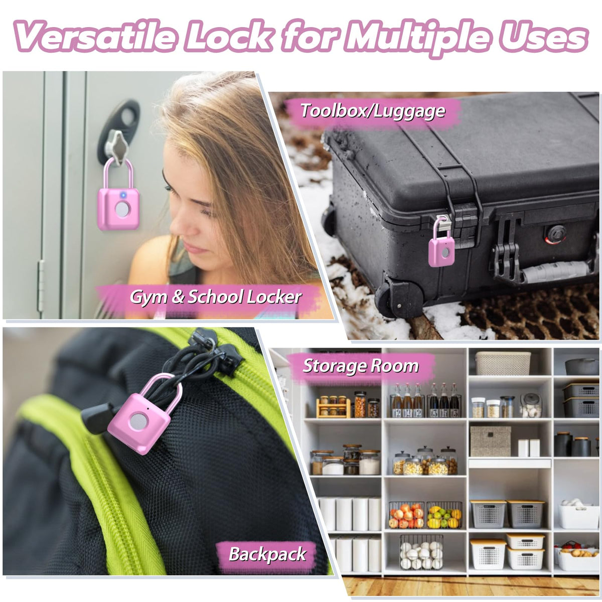 Fingerprint Padlock,Smart Padlock APP Control,Fingerprint Locker Lock,Gym Lock USB Rechargeable for Gym Locker,Locker, School,Storage Pink