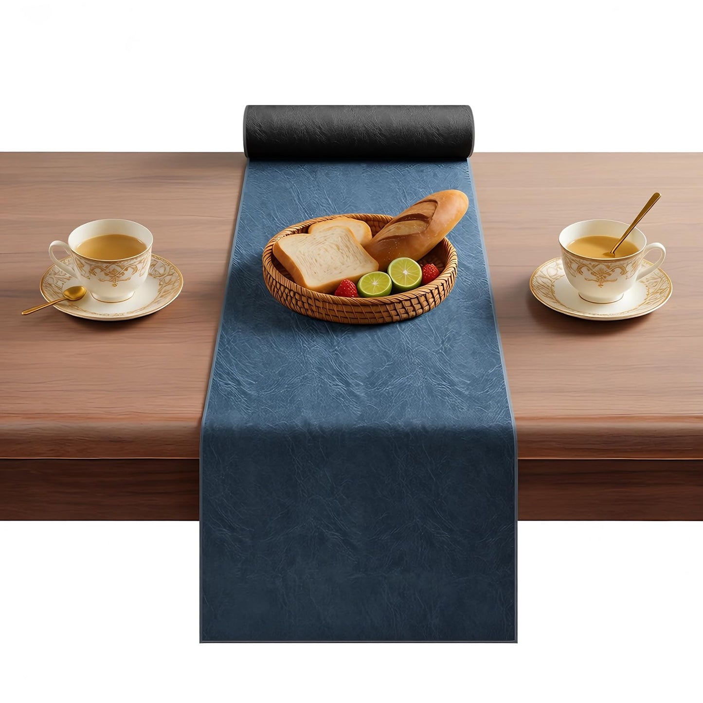Double-Sided Faux Leather Table Runner, Blue & Black Reversible, Waterproof Heat Resistant Non-Slip Wipeable Oil-Proof Tablecloth, for Dining/Coffee/TV Stand/Dresser 13x72 inch