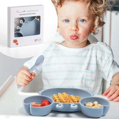 ROCCED Suction Plates for Baby, Silicone Plates with Suction Divided, Baby Spoon Fork Set for Toddler Baby Dishes Kids Utensils-Crab Dusty Blue