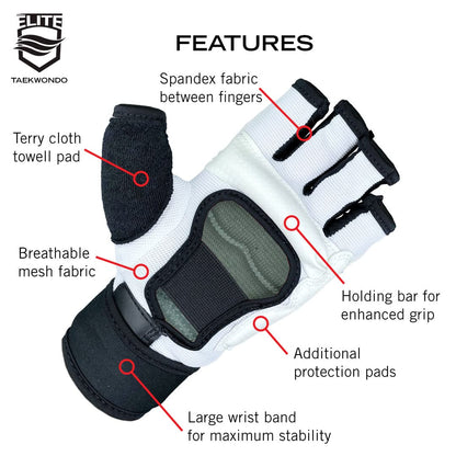 ELITE - Taekwondo Half-Finger Gloves, Protection for Training & Fights (TKD Hands Protectors for Kids & Adults) (Medium)
