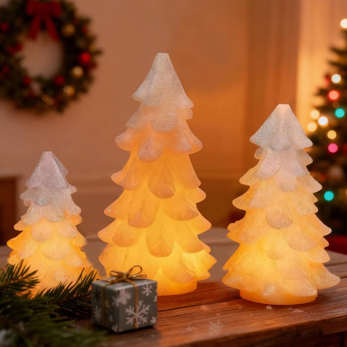 CHUANGLI 3 Pcs Glittering White Christmas Tree Shaped Candle Flickering Flameless LED Candles with Remote, Real Wax Battery Operated Candle for Christmas Home Party Decoration and Gift