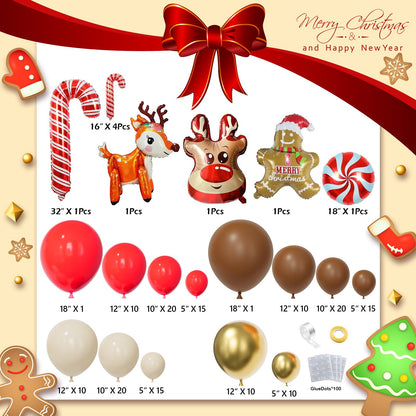 Bonropin 173pcs Christmas Balloon Garland Arch Kit Red Brown Sand White Gold Balloons with Gingerbread Moose Elk Deer Candy Cane Foil Balloon for Christmas Woodland Party Xmas Winter Party Decorations