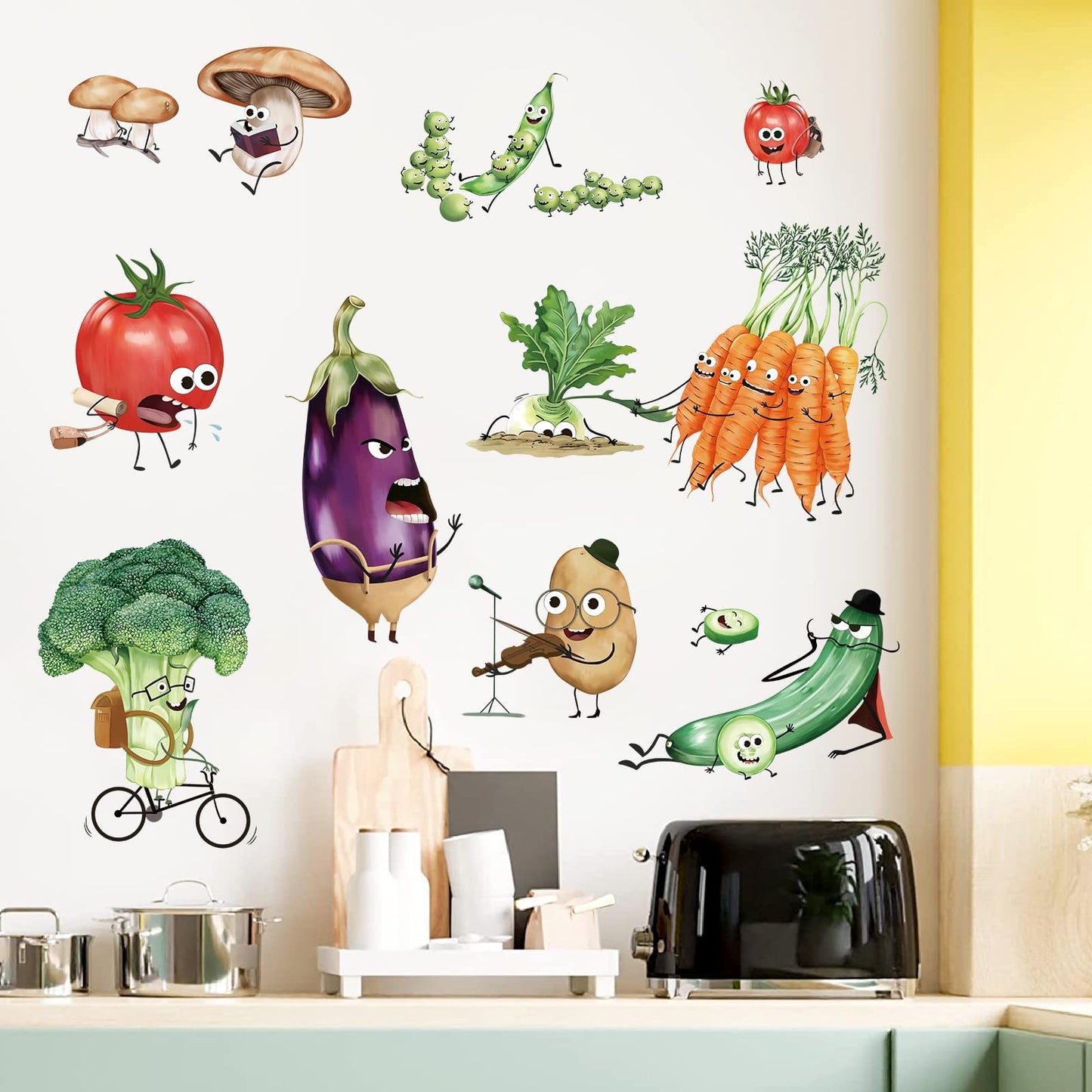 wondever Kitchen Food Wall Stickers Cartoon Vegetables Peel and Stick Wall Art Decals for Kitchen Cupboard Fridge