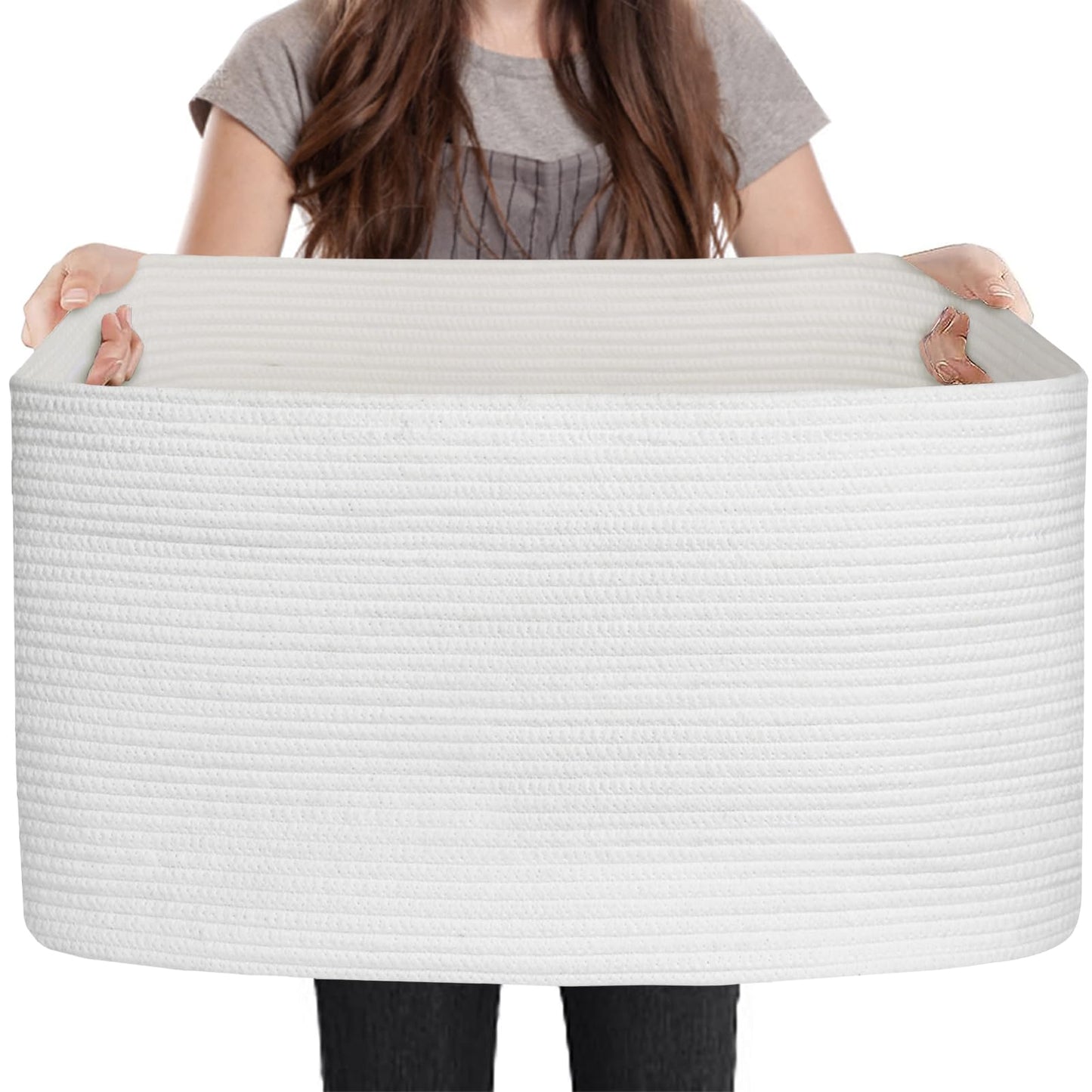 MEGASKET Extra Large White Storage Basket, 23.6" x 17" x 12" Rectangle Blanket Storage for Living Room, White Woven Cotton Rope Basket, Big Kids Toy Box Bin, XXXL Wicker Laundry Baskets for Organizing