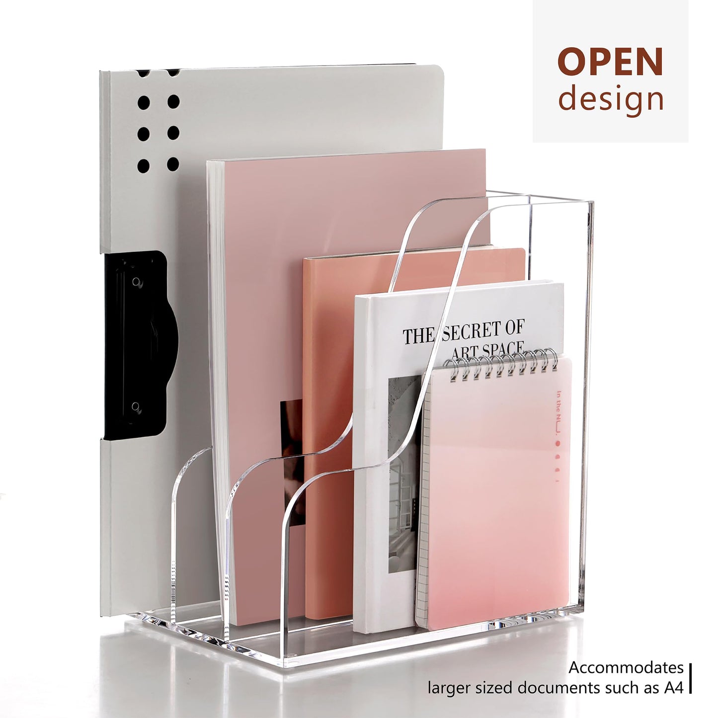 SANRUI Acrylic File Organizer, Compact Desk Organizer for Folders, Binders, Notebooks, Envelopes, Clear Magazine File Holder, 3 Section Bookshelf for School Home Office Organization, A4 Size