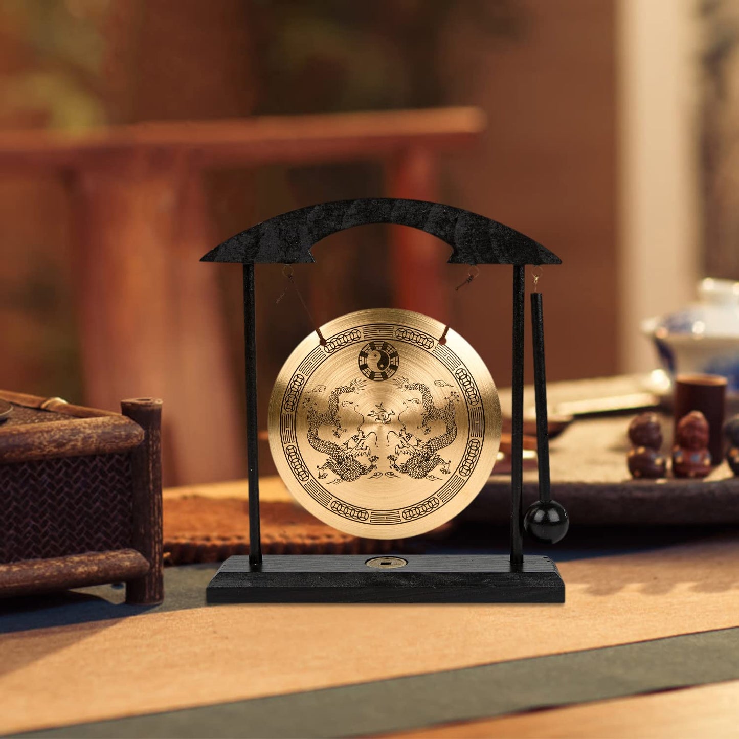 Mose Cafolo Zen Art Brass Feng Shui Desktop Gong for Home Office Table Decor Collectible Figurines