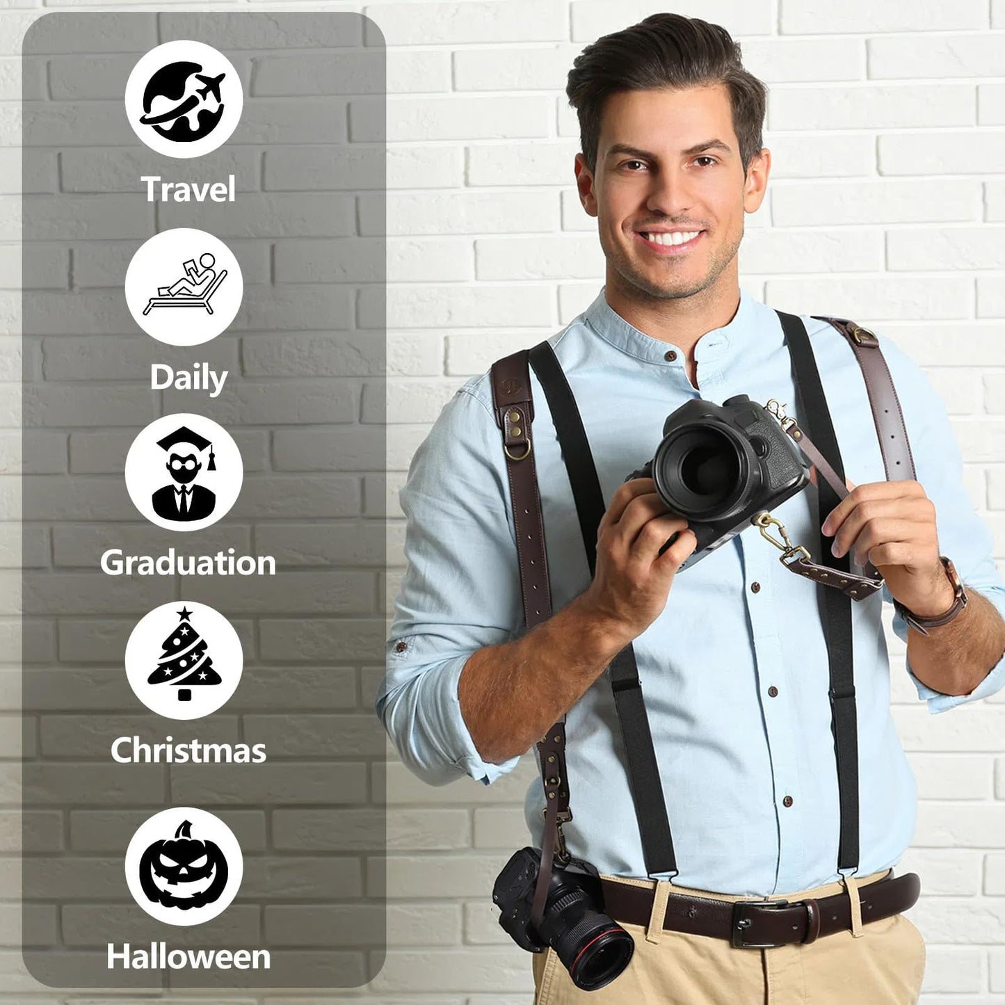 4J LEDR Dual Camera Harness Strap for Two-Cameras,Dual Shoulder Full Grain Leather Harness,Multi Double Camera Gear for DSLR/SLR Strap,Double Camera Harness for Photographers,Small Size,Brown