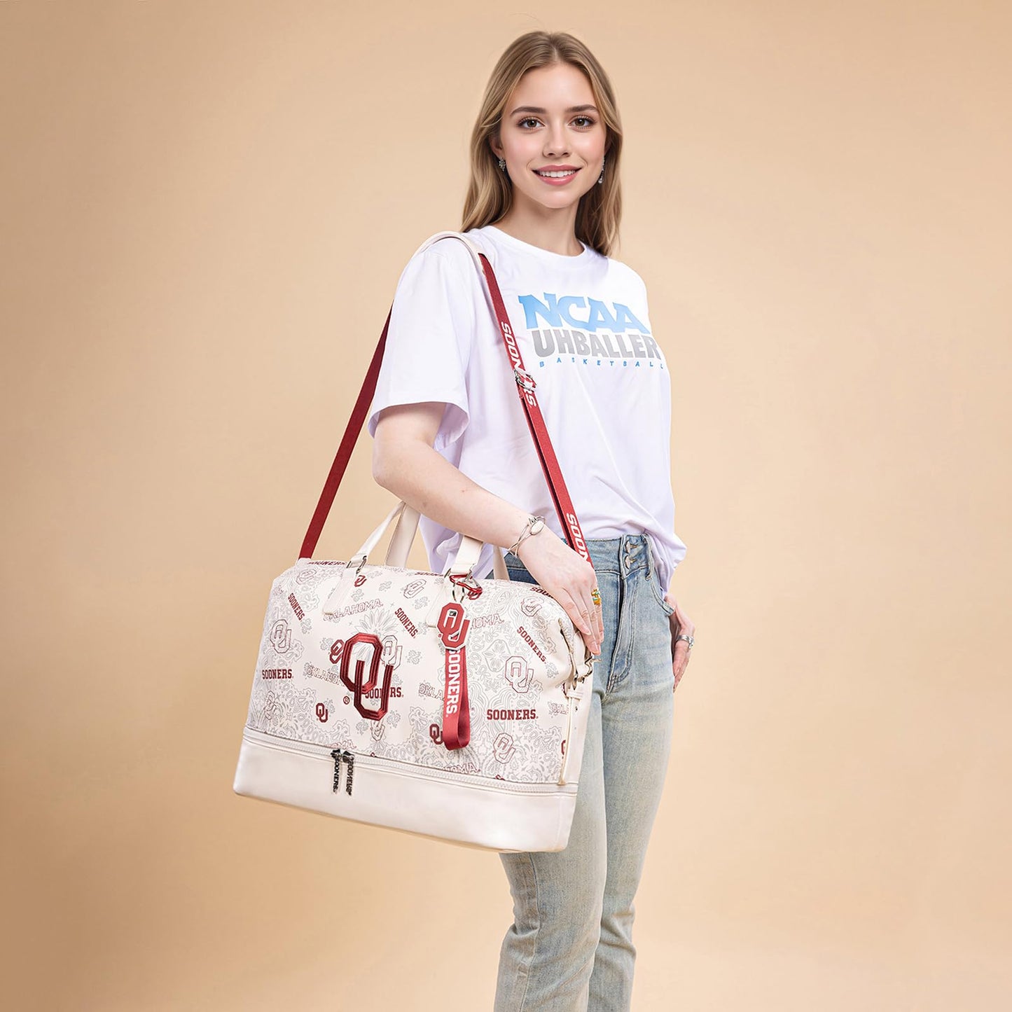 Oklahoma Sooners Duffel Gym Bag with Trolley Sleeve, OU Overnight Duffel Bag for Sport Fan Gifts | Beige, NC-OU008BG