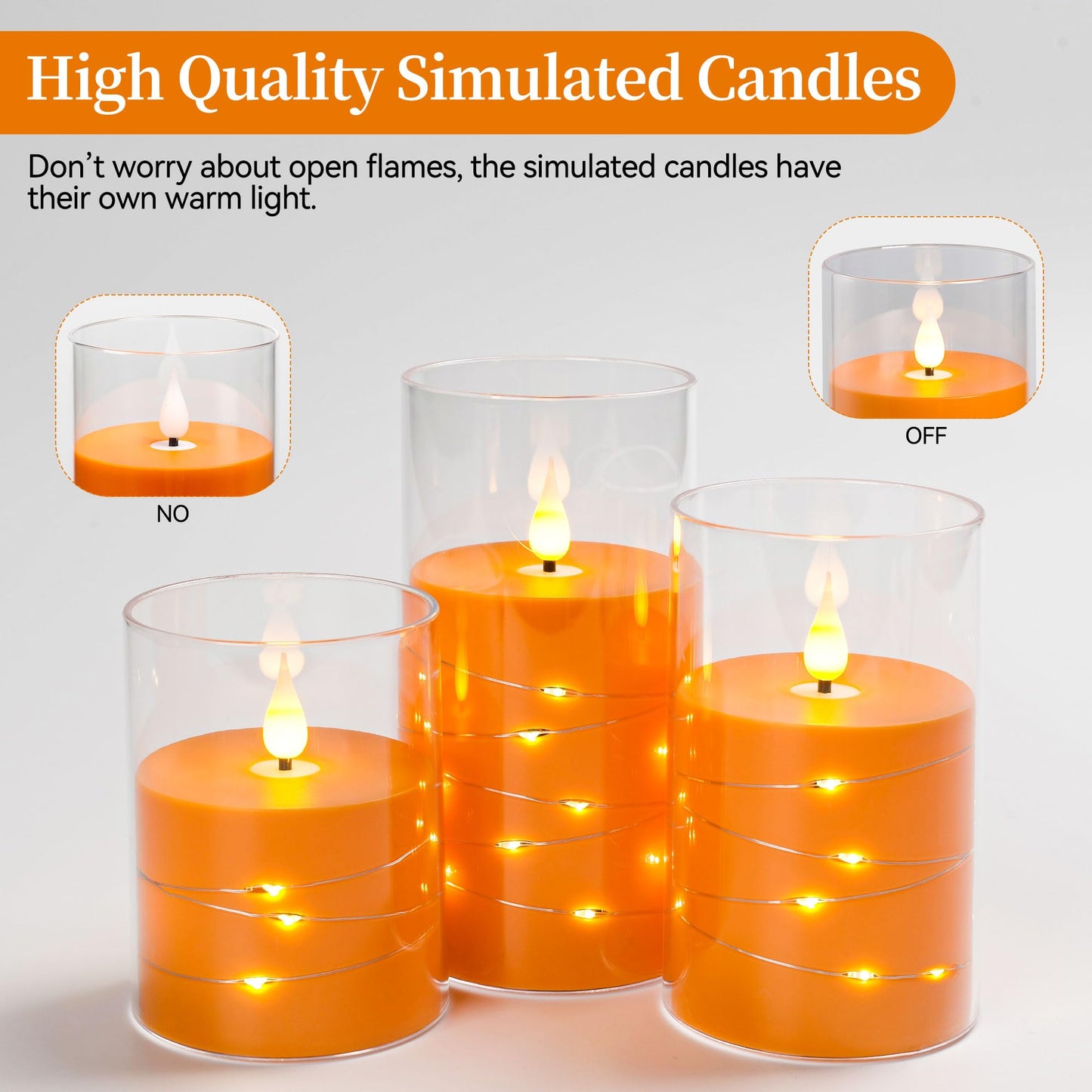 Da by 3 Pack Orange Transparent Acrylic Flameless Taper Candles, Flickering Black Wick LED Candles with Fairy String Lights, Heat Resistant ABS Candles with Remote for Indoor Outdoor Decor