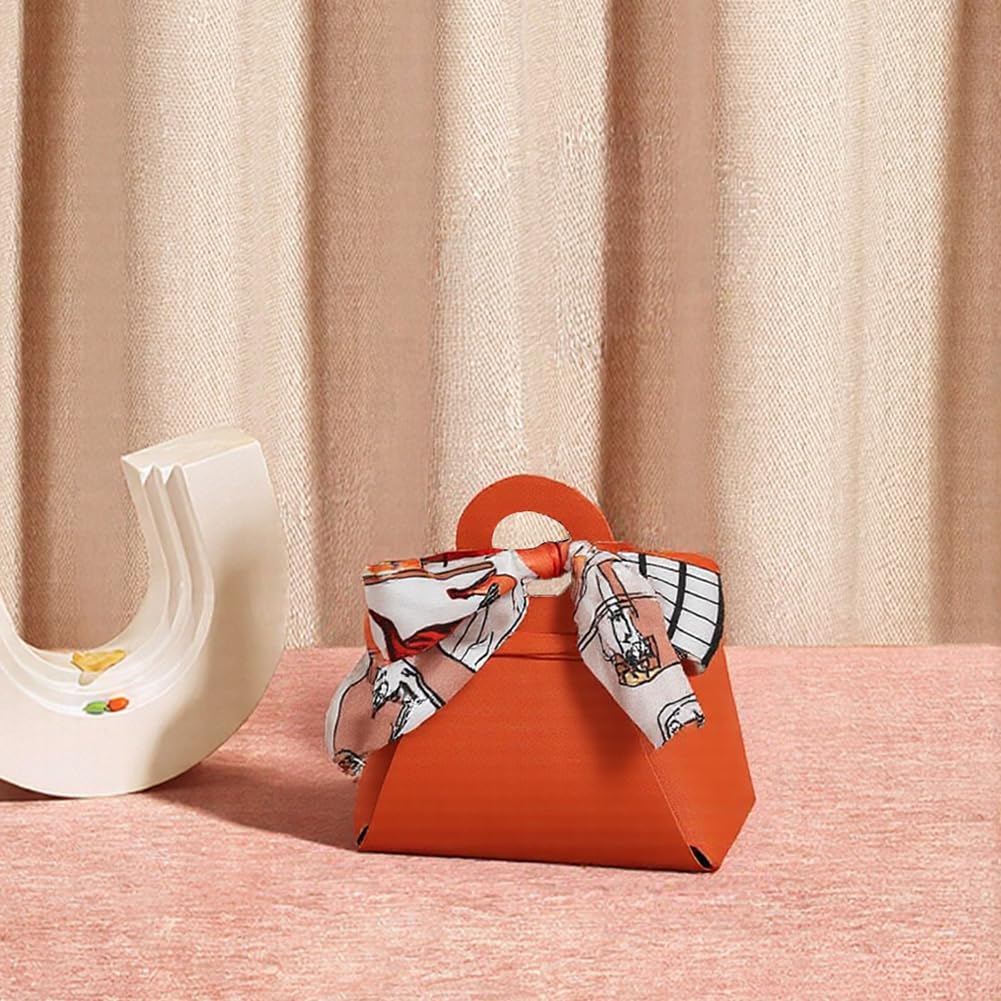 CALFOVERA 12 Pack Leather Purse Ribbon Candy Bags Orange PU Wedding Gift Treat Bags with Handle Ribbon Reusable Party Favor Boxes for Weddings Birthdays Christmas Halloween Party Decoration