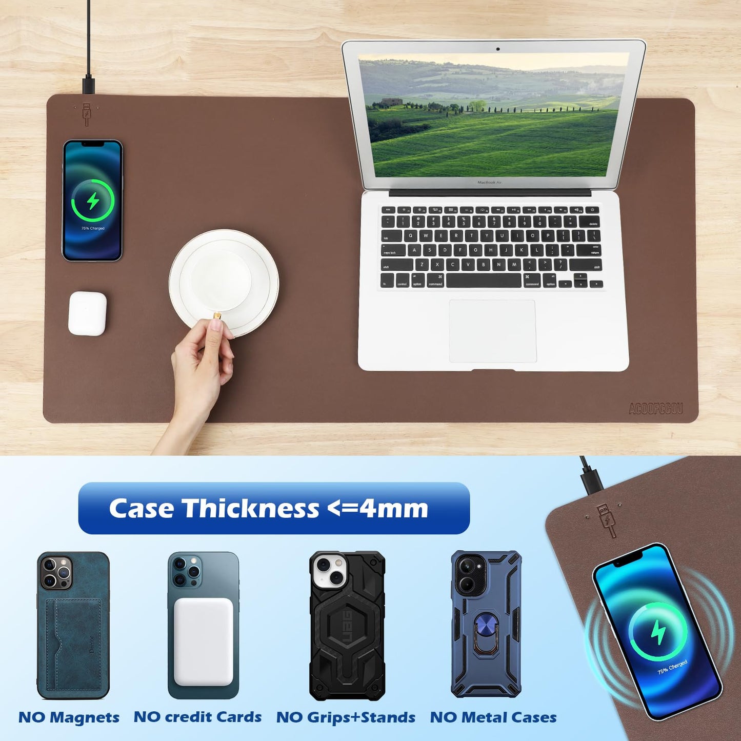 Wireless Charging Desk Mat with Desk Pad for Desktop Charging Large Mouse Pad Waterproof Leather Computer Mat Mouse Pad Non-Slip Protector on Top of Desks for Keyboard and Mouse (brown-l, 32*16inch)