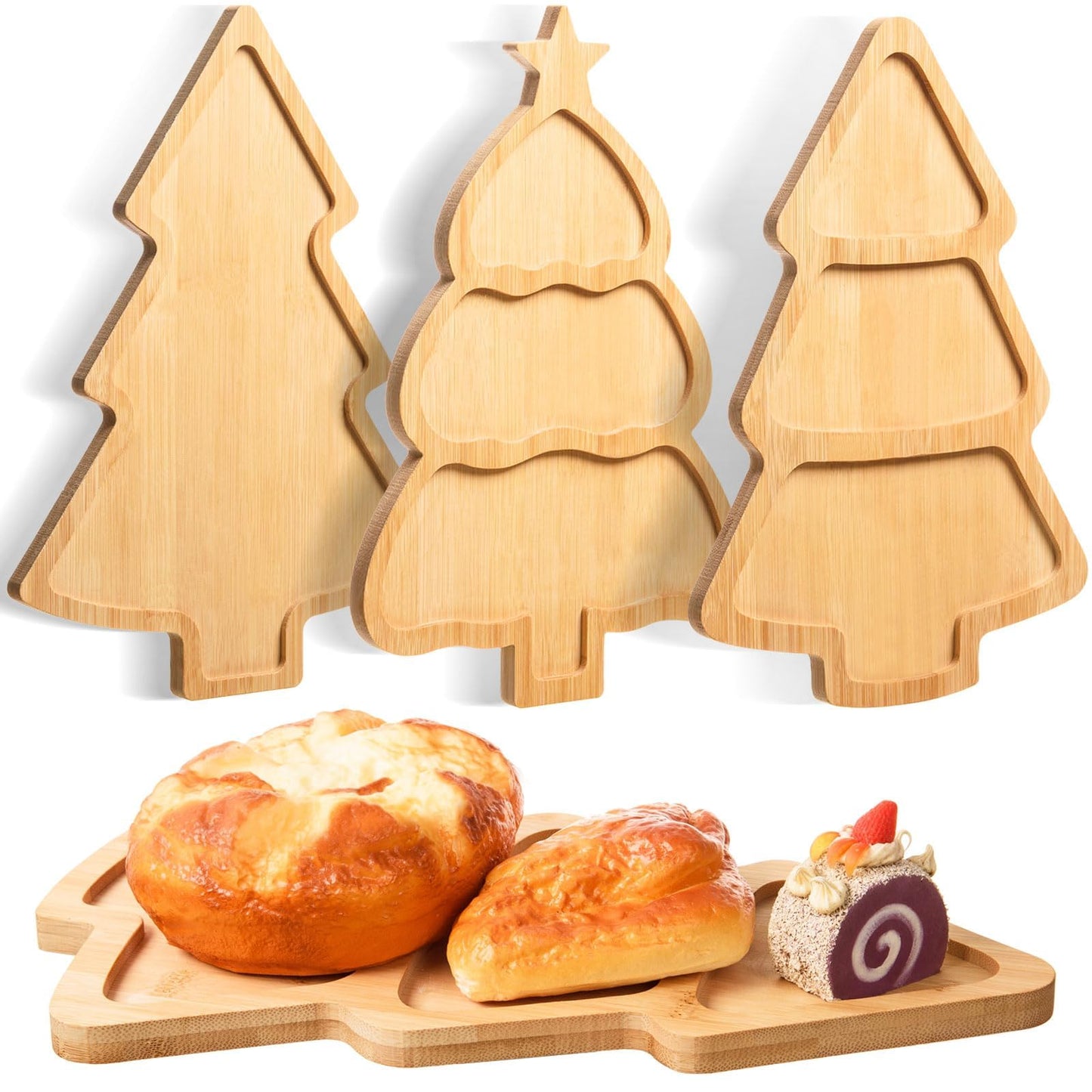 AWIZOM 3 Pcs Christmas Tree Wooden Serving Platters Christmas Bamboo Serving Trays Decorative Wood Charcuterie Boards Wooden Snacks Dish Plates for Xmas Holiday Housewarming Presents,3 Styles